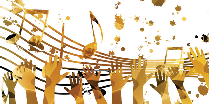 Music background with colorful musical notes staff and hands vector illustration design. Artistic music festival poster, live concert events, party flyer, music notes signs and symbols	