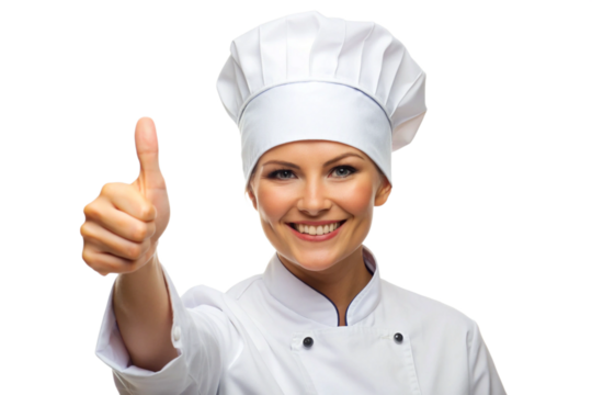 Smiling female chef showing thumbs up png