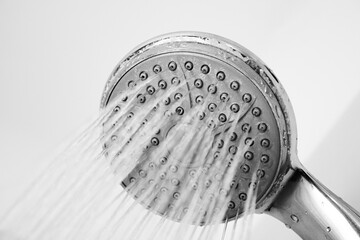 Old shower head, calcified. Old shower, water in shower head.