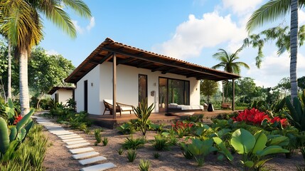 Fototapeta premium Tropical Beach House with Palm Trees and Patio