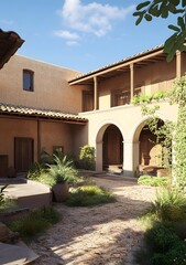 Naklejka premium Spanish Style Courtyard with Archways and Greenery