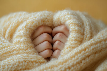 A soft, woven blanket with two hands peeking out holding each other, isolated on a pastel yellow background, symbolizing warmth in love,