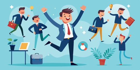 Set of character a businessman in different situations. The man is shocked, goes to work, happy and jumped
