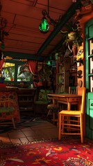 Obraz premium The Interior of a Cozy Cottage with a Green Hanging Lamp