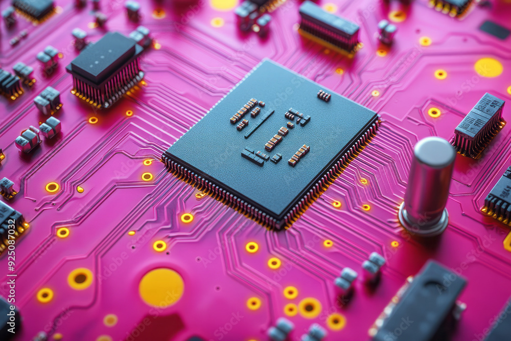 Poster a circuit board with intricate patterns, isolated on a pastel lavender background, representing the 