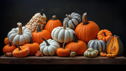 A display of various pumpkins and gourds in different shapes, sizes, and colors, arranged on a wooden surface against a dark background.