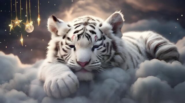 Cute and adorable white tiger cub sleeping on a cloud with stars background. Seamless 4K looping timelapse video animation background