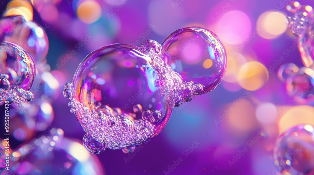 Poster a bubble with a heart shape is floating in a purple background