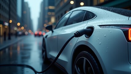 A sleek white electric car recharging with a charging cable connected, parked on a wet city street illuminated by streetlights at night. Tall buildings create a modern cityscape backdrop.