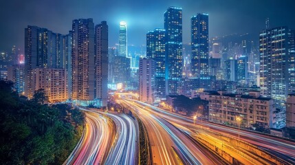 Naklejka premium Night Lights of a Vibrant Metropolis: Long Exposure Photography Captures City Life