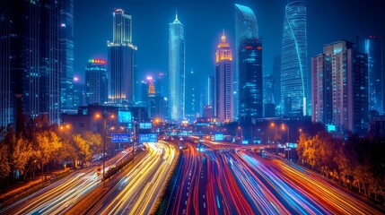Fototapeta premium Night Lights: A Dynamic Cityscape with Long Exposure Trails