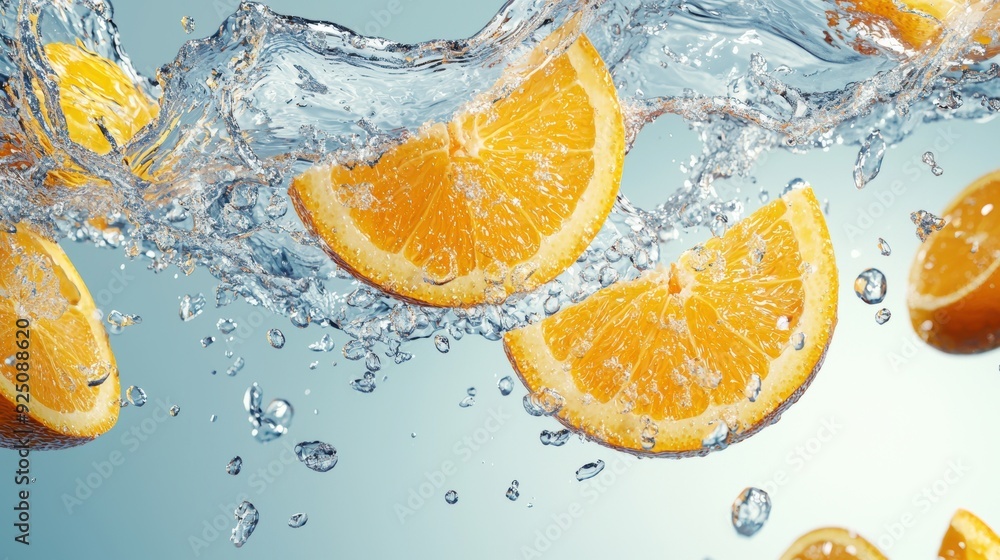 Poster a splash of water with a few slices of orange floating in it
