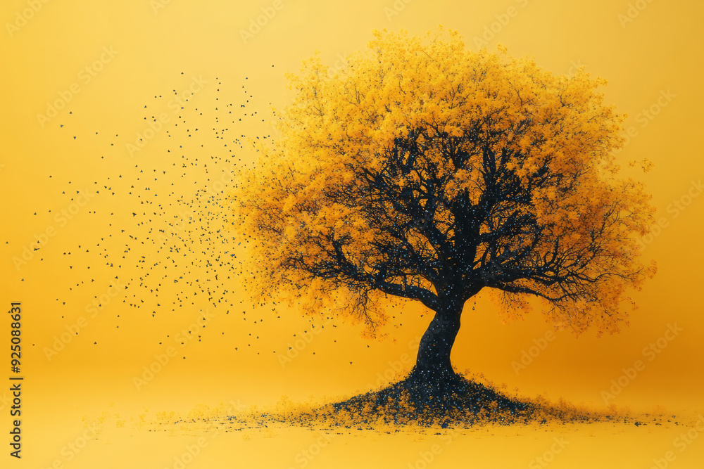 Poster a stylized algorithm tree, isolated on a pastel yellow background, symbolizing decision-making proce