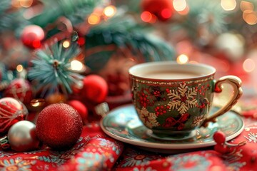 Green christmas teacup standing on a red tablecloth with christmas ornaments and lights surrounding