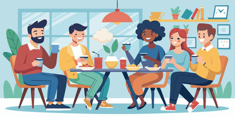 Happy friends sit in a cafe or at home, at the table, eat, drink and communicate. Meeting colleagues or buddies
