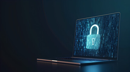Laptop with a white lock icon made of binary code representing digital security