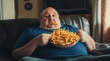 Fat man eating french fries sitting on a sofa in the living room at home. copy space for text.