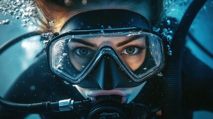 Female scuba diver underwater. Woman in scuba diving mask in water. copy space for text.