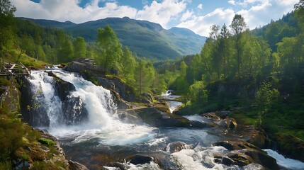A cascading waterfall rushes down rocky terrain in a lush, green mountain valley.