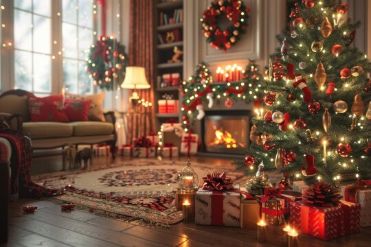 Warm and inviting living room decorated for christmas with a christmas tree and presents