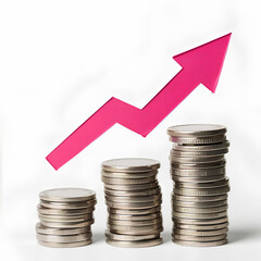 Full-size photograph of three stacks of coins and financial growth graph