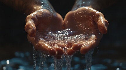 Fototapeta premium A person is performing Wudu by washing their hands in a tranquil setting, with water cascading gently between their fingers