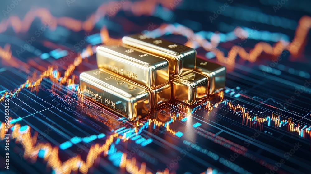 Poster close-up of a golden bar with fluctuating price charts in the background