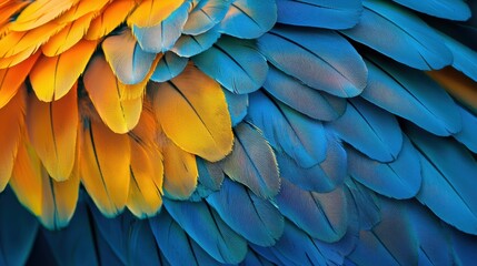 Fototapeta premium A close up of a bird's feathers, with a mix of blue and yellow colors