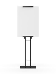 Blank freestanding poster display holder metal stand. 3d render Illustration.