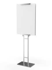 Blank freestanding poster display holder metal stand. 3d render Illustration.