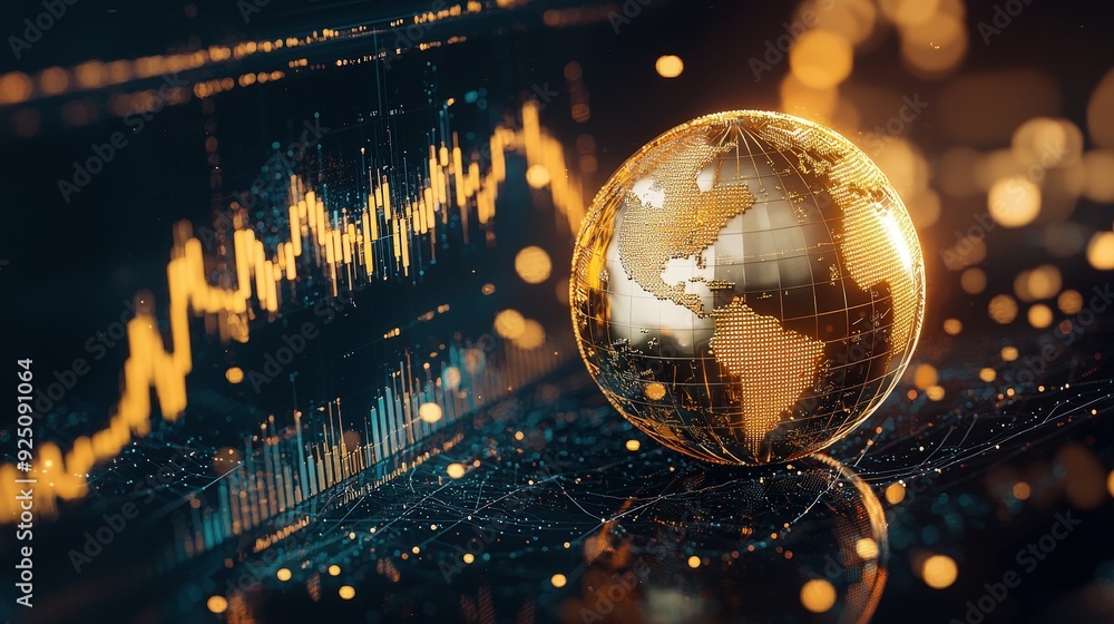 Poster conceptual representation of a gold globe with price graphs within it