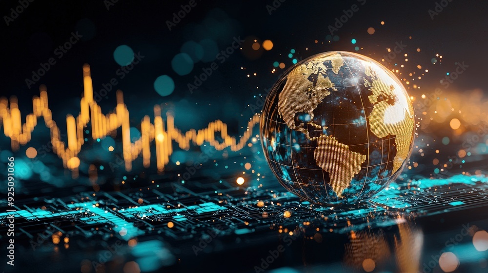 Poster conceptual image of a globe made of gold with price graphs circling it