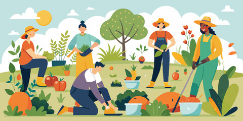 People are gardening. Men and women plant vegetables, water and tend and harvest. Gardeners mow lawns and bushes, plant flowers
