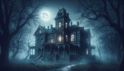 Haunted Mansion Lit by a Full Moon
