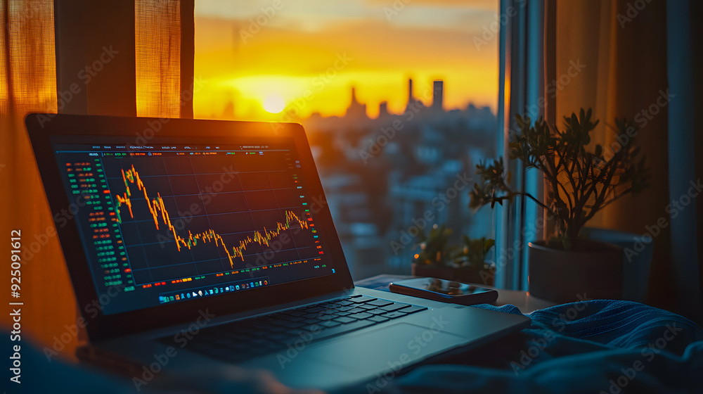 Poster laptop displaying financial data analytics and market trends at sunset with a scenic cityscape view 