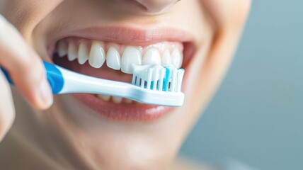 Close-up of a smiling person brushing their teeth with a toothbrush, promoting dental hygiene and care for oral health.