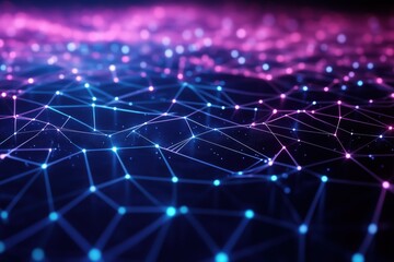 Obraz premium A vibrant grid of interconnected nodes and lines creating an intricate digital background in purple and blue tones