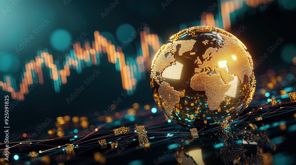 Poster conceptual representation of a gold globe with price graphs around it