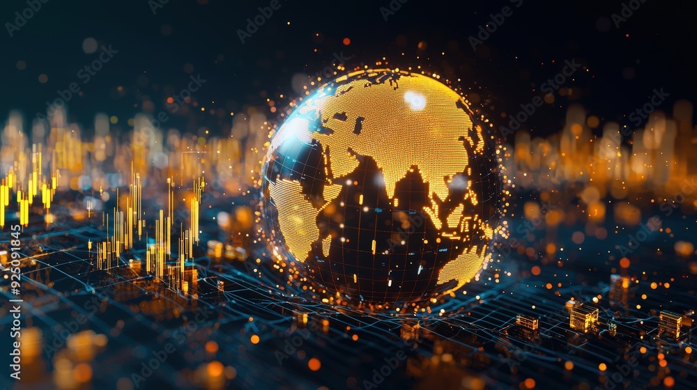 Poster conceptual illustration of a gold globe with price graphs around it