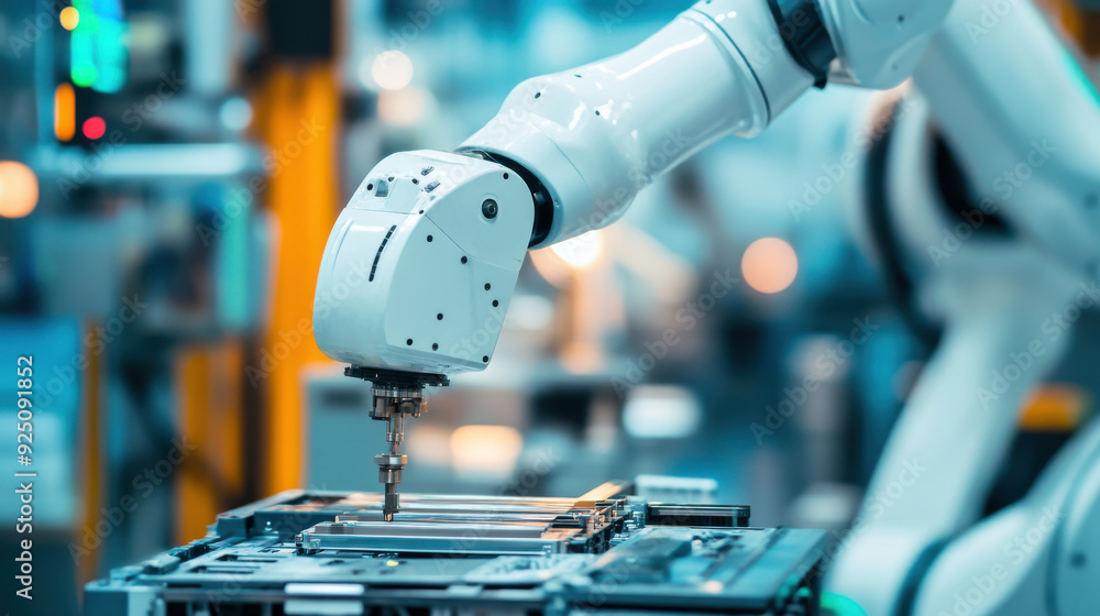 Poster close-up of an assembly robot precisely installing appliance components