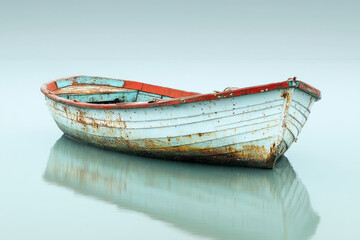 Obraz premium A small, rustic fishing boat, isolated on a pastel blue background, representing life on the water,