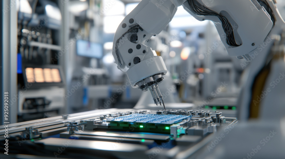 Poster close-up of an assembly robot precisely installing appliance components