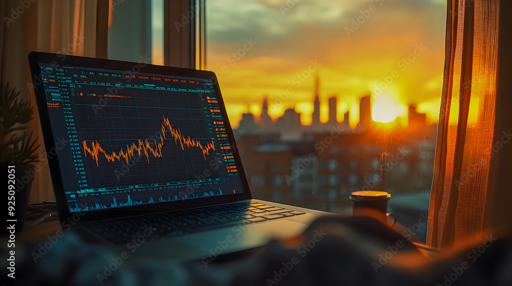 Poster laptop computer screen displaying financial data chart graph and diagram with urban city skyline and