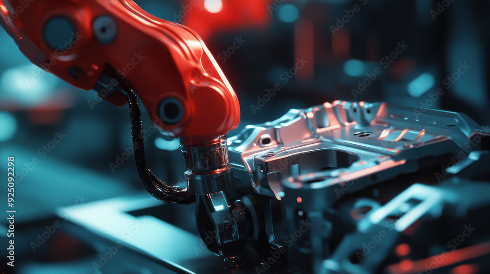 Poster close-up of an assembly robot precisely installing car components