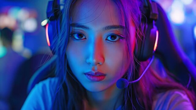 Asian female streamer conversing with viewers via media on the phone while playing an online game while wearing headphones. Competent Esports teammates in a brightly coloured space