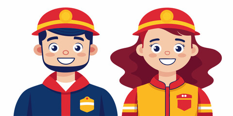 Firefighters. Happy man and a woman, fire service workers, wearing protective uniforms. Firewoman and fireman
