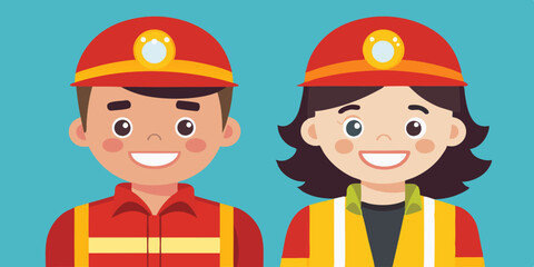 Firefighters. Happy man and a woman, fire service workers, wearing protective uniforms. Firewoman and fireman
