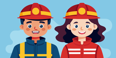 Firefighters. Happy man and a woman, fire service workers, wearing protective uniforms. Firewoman and fireman
