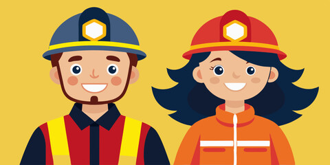 Firefighters. Happy man and a woman, fire service workers, wearing protective uniforms. Firewoman and fireman
