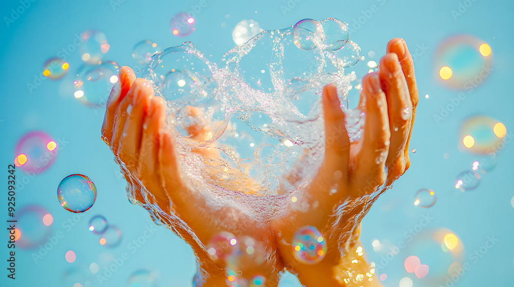 Poster splash of refreshing water droplets in dynamic motion cascading over an outstretched hand creating a